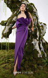 MNM Couture N0688 rayon crepe column gown with a pleated asymmetric sweetheart neckline and a center slit above the knee. | Couture Shop LA