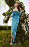 MNM Couture N0688 rayon crepe column gown with a pleated asymmetric sweetheart neckline and a center slit above the knee. | Couture Shop LA