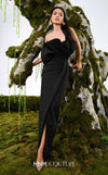 MNM Couture N0688 rayon crepe column gown with a pleated asymmetric sweetheart neckline and a center slit above the knee. | Couture Shop LA