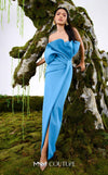 MNM Couture N0688 rayon crepe column gown with a pleated asymmetric sweetheart neckline and a center slit above the knee. | Couture Shop LA