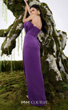 MNM Couture N0688 rayon crepe column gown with a pleated asymmetric sweetheart neckline and a center slit above the knee. | Couture Shop LA