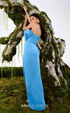 MNM Couture N0688 rayon crepe column gown with a pleated asymmetric sweetheart neckline and a center slit above the knee. | Couture Shop LA