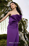 MNM Couture N0688 rayon crepe column gown with a pleated asymmetric sweetheart neckline and a center slit above the knee. | Couture Shop LA