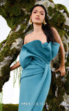 MNM Couture N0688 rayon crepe column gown with a pleated asymmetric sweetheart neckline and a center slit above the knee. | Couture Shop LA