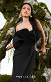 MNM Couture N0688 rayon crepe column gown with a pleated asymmetric sweetheart neckline and a center slit above the knee. | Couture Shop LA