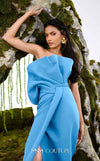 MNM Couture N0688 rayon crepe column gown with a pleated asymmetric sweetheart neckline and a center slit above the knee. | Couture Shop LA