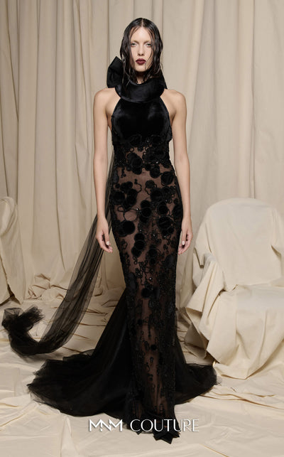 MNM Couture Style N0699 halter gown with velvet appliqués, beading, and a large bow with a long train at the back. | Couture Shop LA