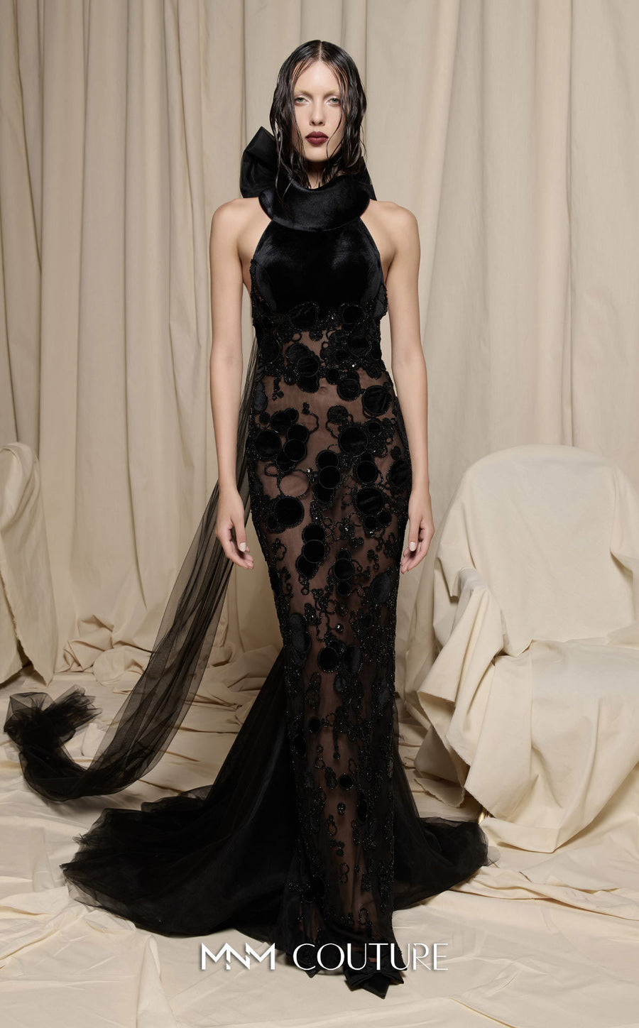MNM Couture Style N0699: Halter Gown with Velvet Appliqués and Bow Train