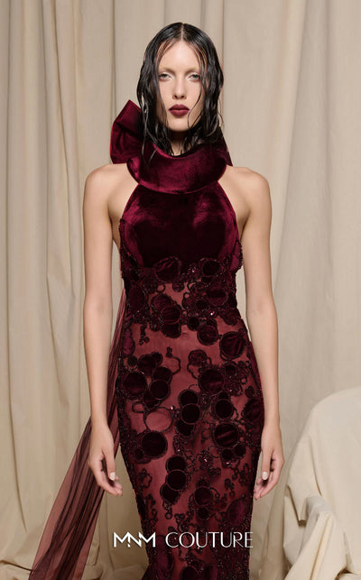 MNM Couture Style N0699 halter gown with velvet appliqu�s, beading, and a large bow with a long train at the back. | Couture Shop LA