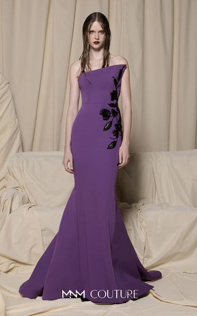 MNM Couture N0700 green and purple crepe column gown with leather floral appliqués, asymmetrical neckline, and trumpet train | Couture Shop LA