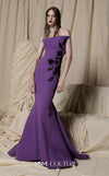MNM Couture N0700 green and purple crepe column gown with leather floral appliqués, asymmetrical neckline, and trumpet train | Couture Shop LA