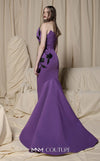 MNM Couture N0700 green and purple crepe column gown with leather floral appliqués, asymmetrical neckline, and trumpet train | Couture Shop LA