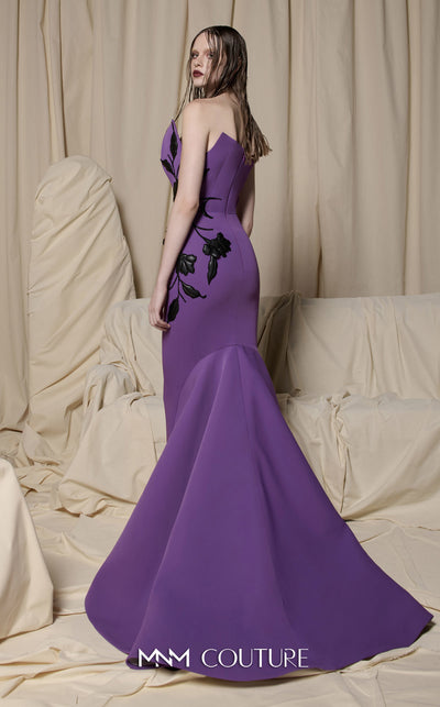 MNM Couture N0700 green and purple crepe column gown with leather floral appliqués, asymmetrical neckline, and trumpet train | Couture Shop LA