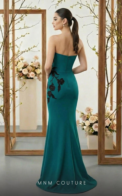 MNM Couture N0700 green and purple crepe column gown with leather floral appliqués, asymmetrical neckline, and trumpet train | Couture Shop LA