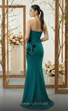 MNM Couture N0700 green and purple crepe column gown with leather floral appliqués, asymmetrical neckline, and trumpet train | Couture Shop LA