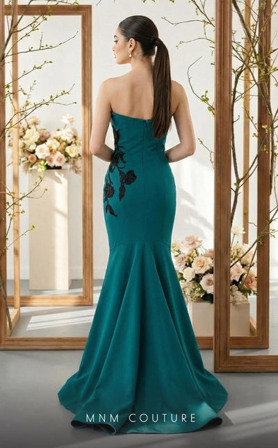 MNM Couture N0700 green and purple crepe column gown with leather floral appliqués, asymmetrical neckline, and trumpet train | Couture Shop LA
