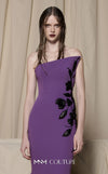 MNM Couture N0700 green and purple crepe column gown with leather floral appliqués, asymmetrical neckline, and trumpet train | Couture Shop LA