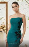 MNM Couture N0700 green and purple crepe column gown with leather floral appliqués, asymmetrical neckline, and trumpet train | Couture Shop LA