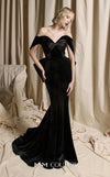 MNM Couture Style N0702 velvet mermaid gown with a sweetheart neckline, structured off-the-shoulder petal sleeves, and a large back bow. | Couture Shop LA