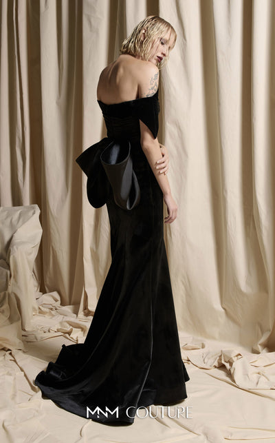 MNM Couture Style N0702 velvet mermaid gown with a sweetheart neckline, structured off-the-shoulder petal sleeves, and a large back bow. | Couture Shop LA