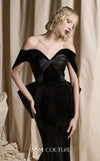 MNM Couture Style N0702 velvet mermaid gown with a sweetheart neckline, structured off-the-shoulder petal sleeves, and a large back bow. | Couture Shop LA