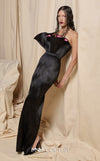 MNM Couture N0704 strapless sleek column gown with sweetheart neckline, sculptural pleated contrasting bustline, and dramatic back slit | Couture Shop LA.