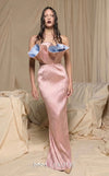 MNM Couture N0704 strapless sleek column gown with sweetheart neckline, sculptural pleated contrasting bustline, and dramatic back slit | Couture Shop LA.