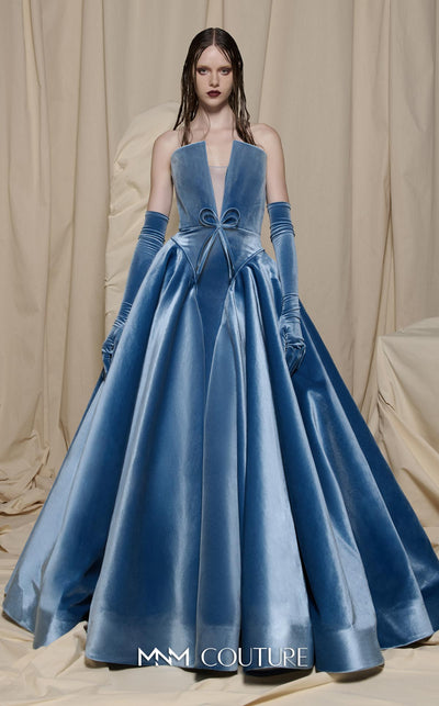 MNM Couture N0711 blue velvet and satin strapless ball gown with deep plunging V-neckline, velvet bow belt, and repeated velvet V-panels in a full satin skirt | Couture Shop LA
