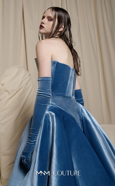 MNM Couture N0711 blue velvet and satin strapless ball gown with deep plunging V-neckline, velvet bow belt, and repeated velvet V-panels in a full satin skirt | Couture Shop LA
