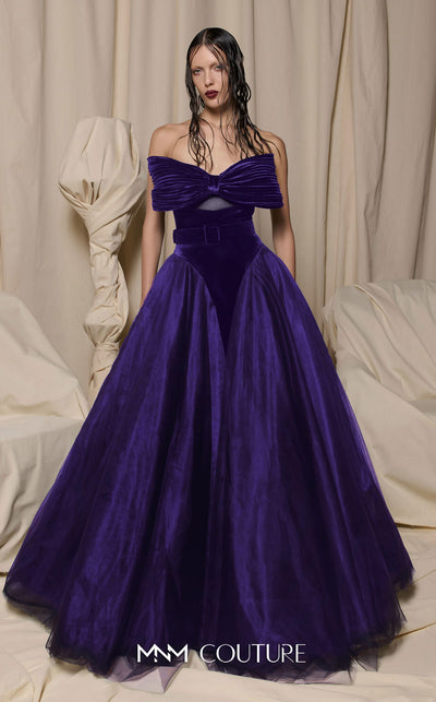 MNM Couture Style N0713 strapless velvet and tulle ballgown with a sweetheart neckline, pleated bow bodice, and mesh panels. | Couture Shop LA