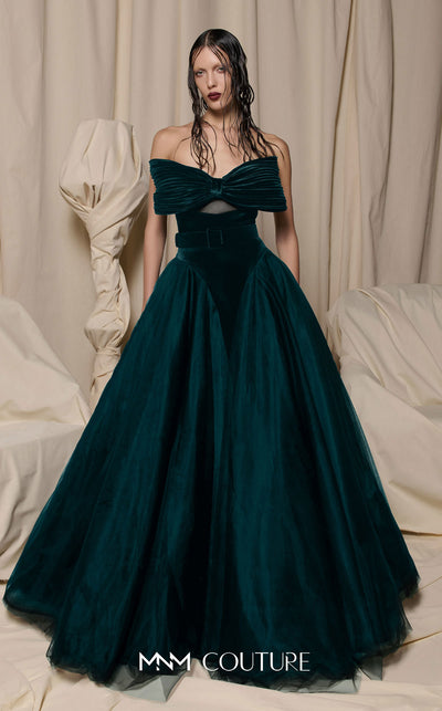 MNM Couture Style N0713 strapless velvet and tulle ballgown with a sweetheart neckline, pleated bow bodice, and mesh panels. | Couture Shop LA