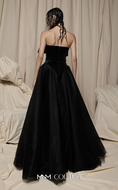 MNM Couture Style N0713 strapless velvet and tulle ballgown with a sweetheart neckline, pleated bow bodice, and mesh panels. | Couture Shop LA