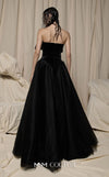 MNM Couture Style N0713 strapless velvet and tulle ballgown with a sweetheart neckline, pleated bow bodice, and mesh panels. | Couture Shop LA
