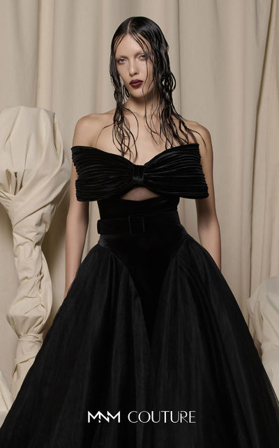 MNM Couture Style N0713 strapless velvet and tulle ballgown with a sweetheart neckline, pleated bow bodice, and mesh panels. | Couture Shop LA