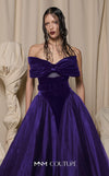 MNM Couture Style N0713 strapless velvet and tulle ballgown with a sweetheart neckline, pleated bow bodice, and mesh panels. | Couture Shop LA