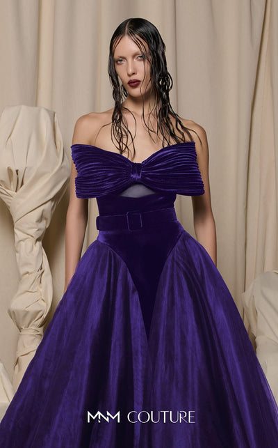 MNM Couture Style N0713 strapless velvet and tulle ballgown with a sweetheart neckline, pleated bow bodice, and mesh panels. | Couture Shop LA