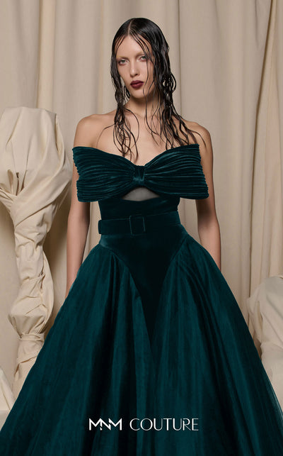 MNM Couture Style N0713 strapless velvet and tulle ballgown with a sweetheart neckline, pleated bow bodice, and mesh panels. | Couture Shop LA