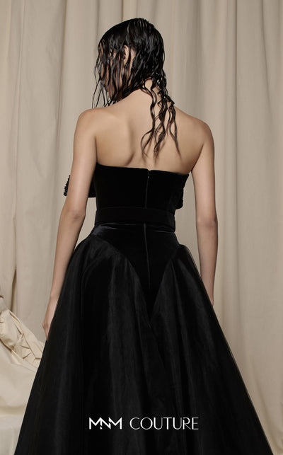 MNM Couture Style N0713 strapless velvet and tulle ballgown with a sweetheart neckline, pleated bow bodice, and mesh panels. | Couture Shop LA