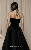 MNM Couture Style N0713 strapless velvet and tulle ballgown with a sweetheart neckline, pleated bow bodice, and mesh panels. | Couture Shop LA