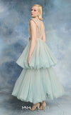 MNM Couture N0719 tulle mesh and sequin lace tiered A-line gown with V-neck, cap sleeves, bubble skirt, and floral appliqué waist | Couture Shop LA.