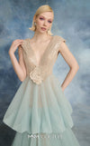 MNM Couture N0719 tulle mesh and sequin lace tiered A-line gown with V-neck, cap sleeves, bubble skirt, and floral appliqué waist | Couture Shop LA.
