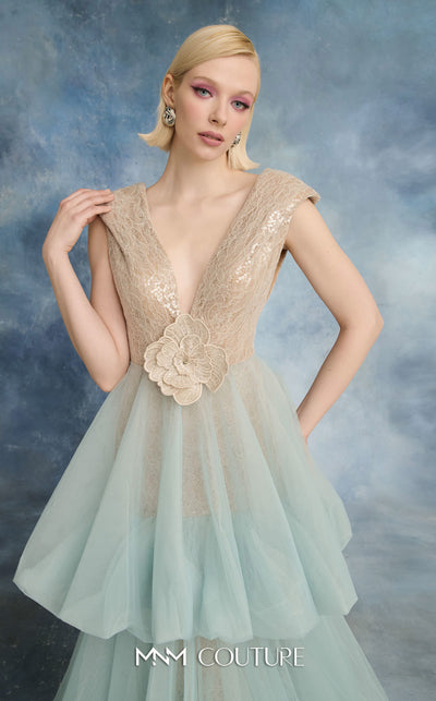 MNM Couture N0719 tulle mesh and sequin lace tiered A-line gown with V-neck, cap sleeves, bubble skirt, and floral appliqué waist | Couture Shop LA.