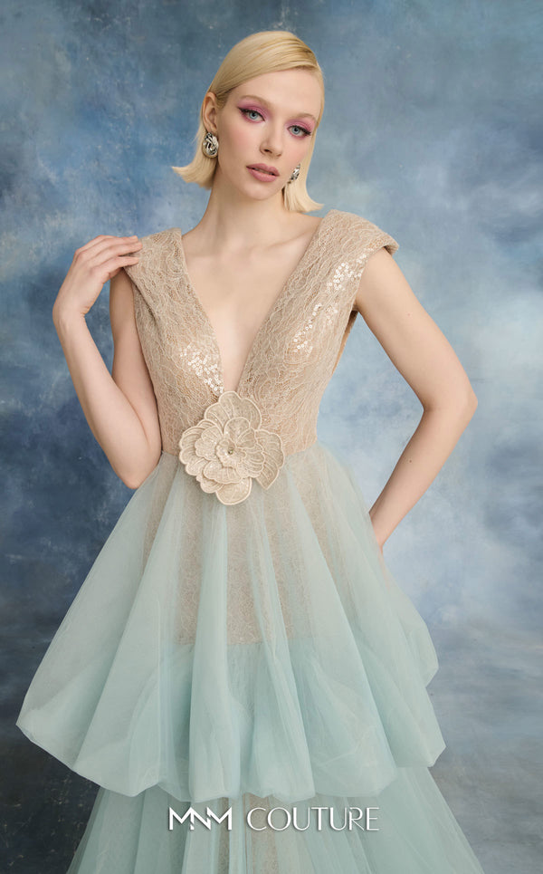 MNM Couture N0719 tulle mesh and sequin lace tiered A-line gown with V-neck, cap sleeves, bubble skirt, and floral appliqué waist | Couture Shop LA.