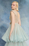MNM Couture N0719 tulle mesh and sequin lace tiered A-line gown with V-neck, cap sleeves, bubble skirt, and floral appliqué waist | Couture Shop LA.