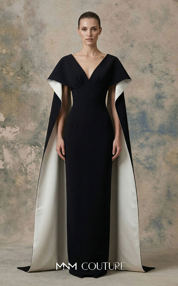 MNM Couture N0746 crepe V-neck column gown with princess darts, pleated bust, and floor-length cape sleeves with contrasting lining | Couture Shop LA.