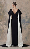 MNM Couture N0746 crepe V-neck column gown with princess darts, pleated bust, and floor-length cape sleeves with contrasting lining | Couture Shop LA.