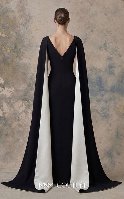 MNM Couture N0746 crepe V-neck column gown with princess darts, pleated bust, and floor-length cape sleeves with contrasting lining | Couture Shop LA.