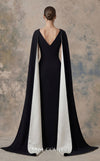 MNM Couture N0746 crepe V-neck column gown with princess darts, pleated bust, and floor-length cape sleeves with contrasting lining | Couture Shop LA.
