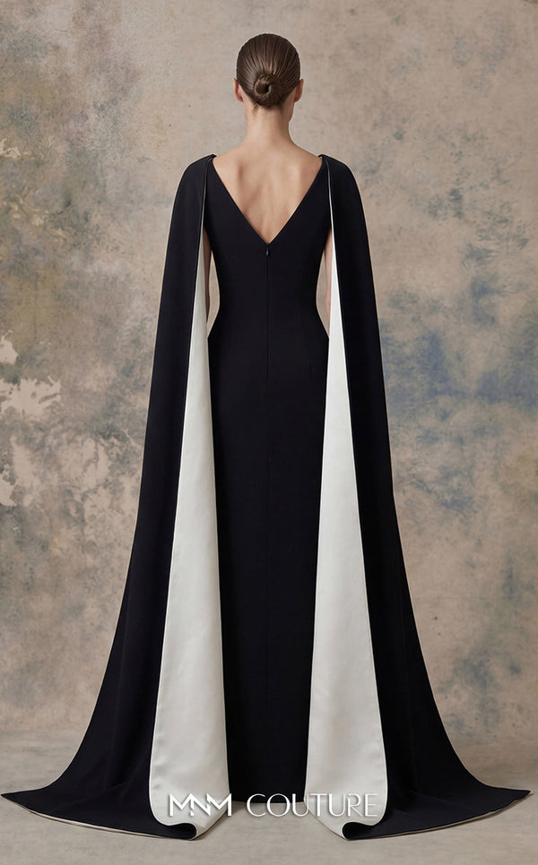 MNM Couture N0746 crepe V-neck column gown with princess darts, pleated bust, and floor-length cape sleeves with contrasting lining | Couture Shop LA.