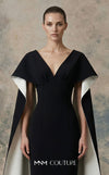 MNM Couture N0746 crepe V-neck column gown with princess darts, pleated bust, and floor-length cape sleeves with contrasting lining | Couture Shop LA.
